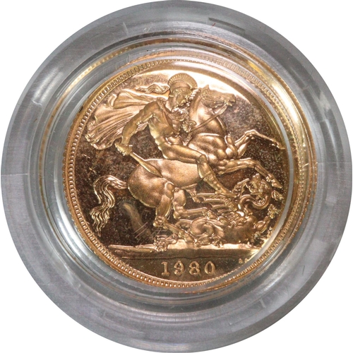 235 - Royal Mint Elizabeth II full gold proof sovereign dated 1980 in fitted case. 
(B.P. 21% + VAT)