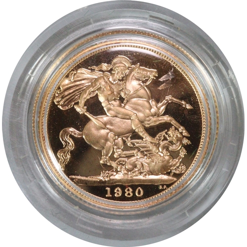 236 - Royal Mint Elizabeth II full gold proof sovereign dated 1980 in fitted case. 
(B.P. 21% + VAT)