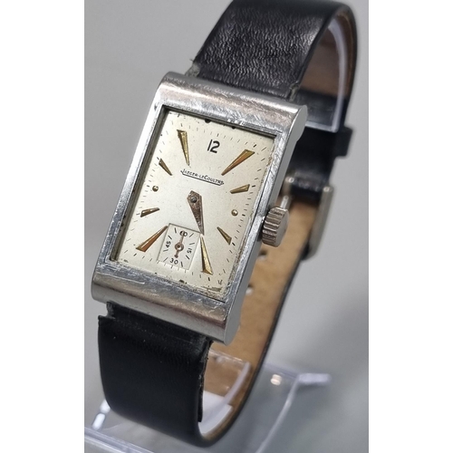 241 - Jaeger le Coultre steel tank style mechanical wrist watch with baton numerals and seconds dial. Leat... 