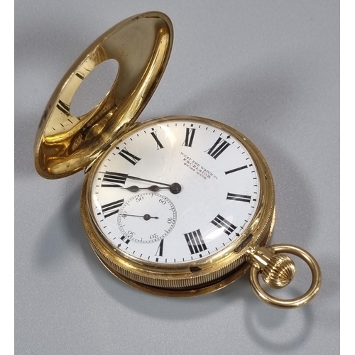 243 - 18ct Gold half Hunter top wind Pocket Watch having white Roman face with seconds hand, marked West E... 