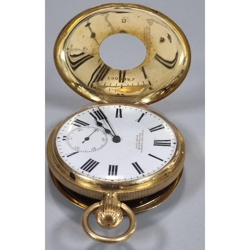 243 - 18ct Gold half Hunter top wind Pocket Watch having white Roman face with seconds hand, marked West E... 