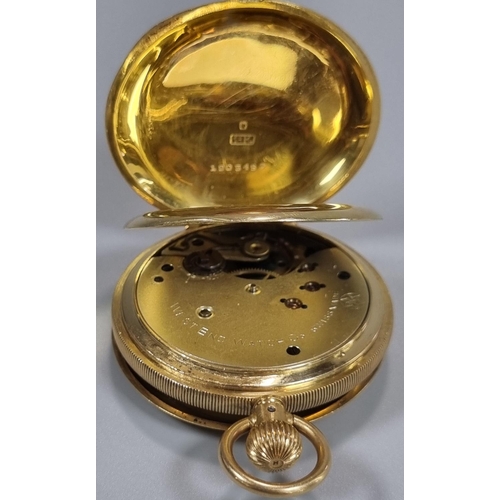 243 - 18ct Gold half Hunter top wind Pocket Watch having white Roman face with seconds hand, marked West E... 