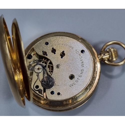 243 - 18ct Gold half Hunter top wind Pocket Watch having white Roman face with seconds hand, marked West E... 