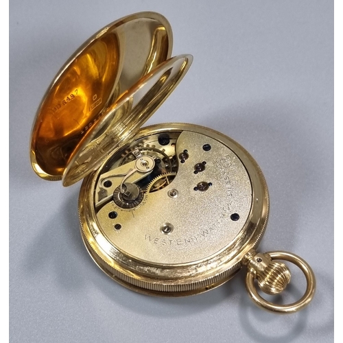 243 - 18ct Gold half Hunter top wind Pocket Watch having white Roman face with seconds hand, marked West E... 