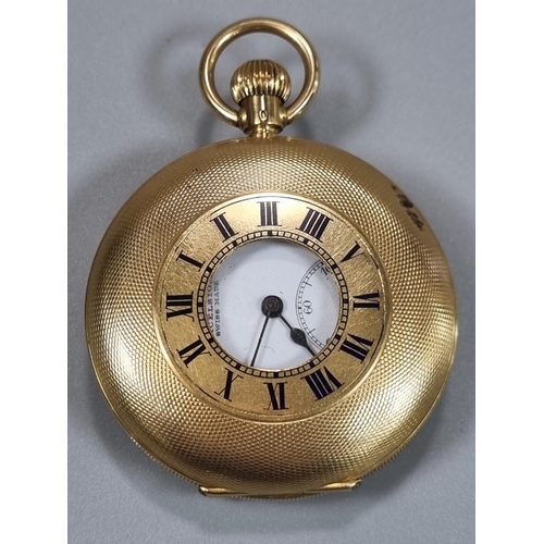 243 - 18ct Gold half Hunter top wind Pocket Watch having white Roman face with seconds hand, marked West E... 