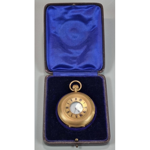 243 - 18ct Gold half Hunter top wind Pocket Watch having white Roman face with seconds hand, marked West E... 