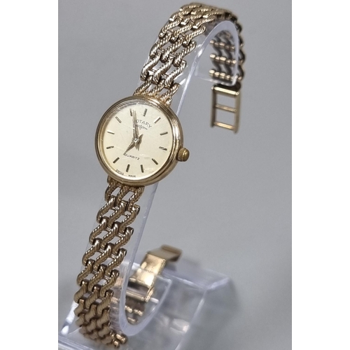 244 - Rotary 9ct gold Ladies quartz braelet wrist watch, baton numerals with rope twist gold bracelet stra... 