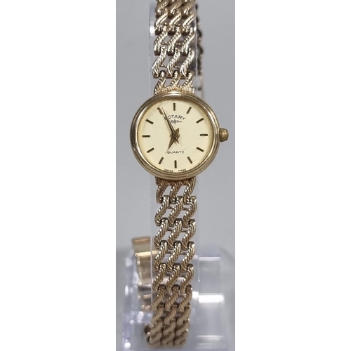 244 - Rotary 9ct gold Ladies quartz braelet wrist watch, baton numerals with rope twist gold bracelet stra... 