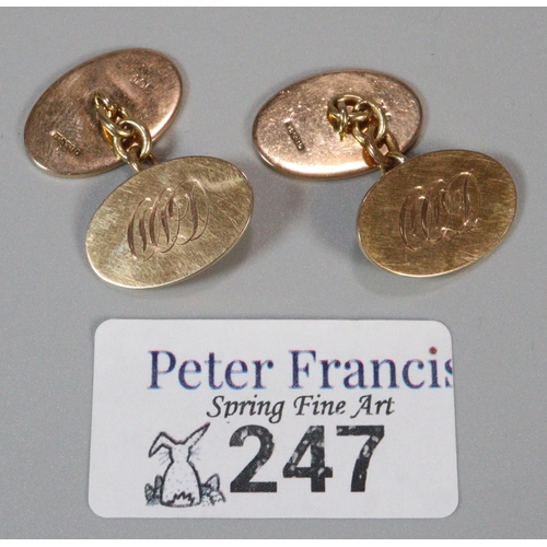 247 - Pair of 9ct gold cuffinks of oval form with engraved initials. 11.2g approx. 
(B.P. 21% + VAT)