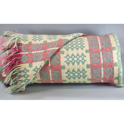 257 - Vintage woollen Welsh tapestry green ground blanket or carthen with fringed edges and traditional Ca... 