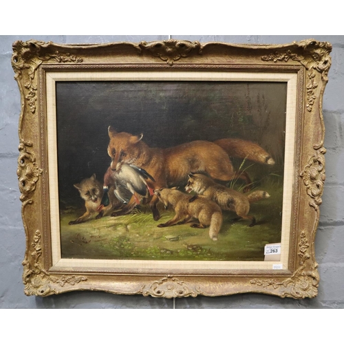 263 - British School (19th century), Vixen with cubs and Mallard Drake prey. Oils on canvas. 61cm x 51cm a... 