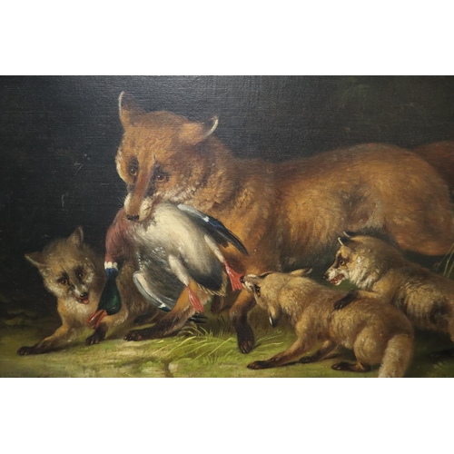 263 - British School (19th century), Vixen with cubs and Mallard Drake prey. Oils on canvas. 61cm x 51cm a... 