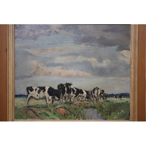 266 - Roger Roland Sutton Fisher (British, 1919-1993), Friesian cattle in a landscape, signed and inscribe... 