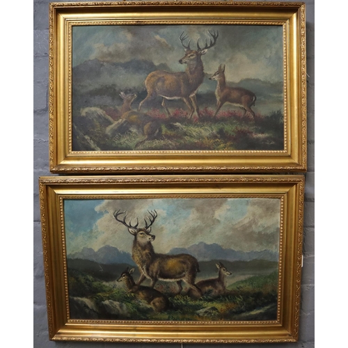 266A - Alfred Worthington, (Welsh, 1835-1927), Stag with hinds on a Welsh moor, a pair, signed. Oils on boa... 