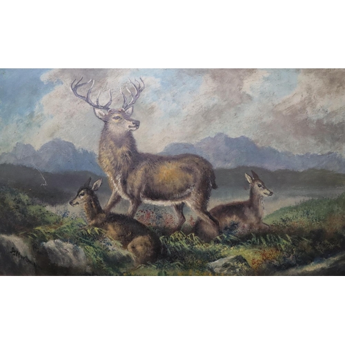 266A - Alfred Worthington, (Welsh, 1835-1927), Stag with hinds on a Welsh moor, a pair, signed. Oils on boa... 