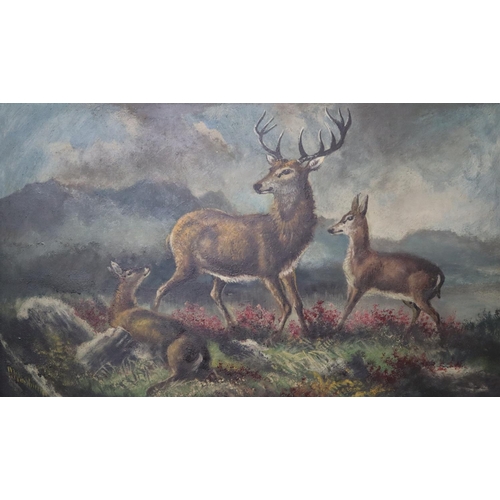 266A - Alfred Worthington, (Welsh, 1835-1927), Stag with hinds on a Welsh moor, a pair, signed. Oils on boa... 