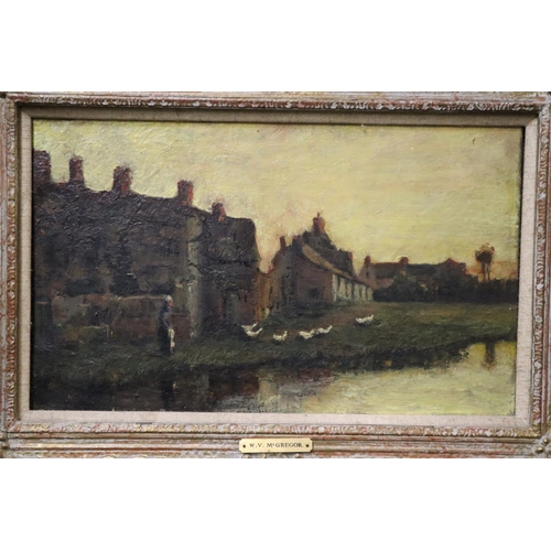 267 - Attributed to W V McGregor (19th Century),  goose girl and cottages, oils on canvas. 21cm x 35cm.
(B... 