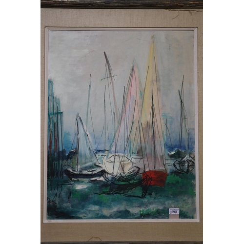 280 - Continental School, (mid 20th century), sailing boats in a harbour. Unsigned, oils on board. 76 x 55... 