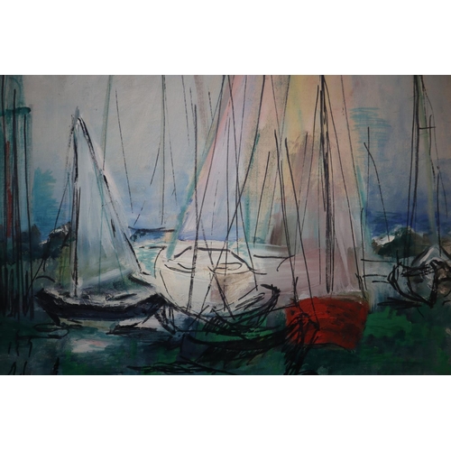 280 - Continental School, (mid 20th century), sailing boats in a harbour. Unsigned, oils on board. 76 x 55... 