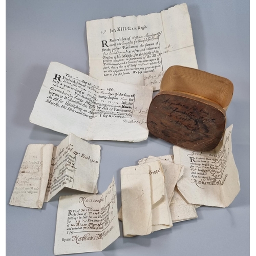 300 - A rare and unusual group of 17th century Hearth Tax and other receipts , some hand written , others ... 