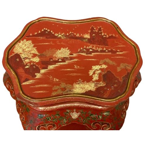 5 - Large Chinese design red lacquered fishtank or jardiniere stand, having serpentine shaped top painte... 