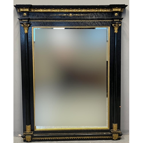 59 - 19th Century ebonised mirror, the moulded stepped top or cornice above gilt foliate decoration and m... 