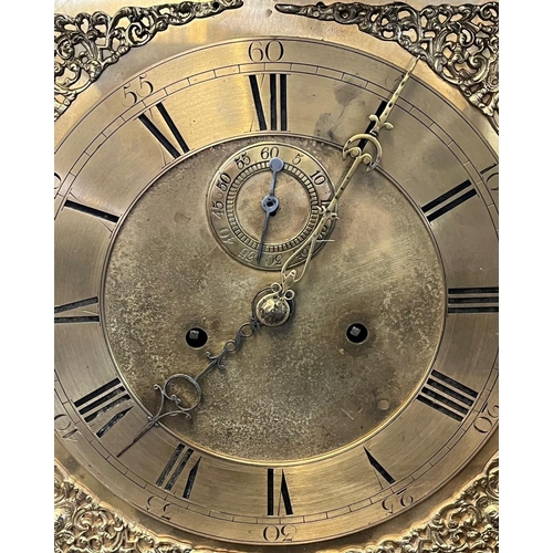 72 - 18th Century oak 8 day longcase clock, having moulded cornice above square aperture flanked by turne... 