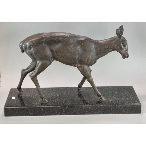 76 - Art Deco design hollow bronze study of a fawn raised on a rectangular granite base. 55cm long approx... 