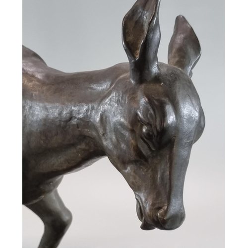 76 - Art Deco design hollow bronze study of a fawn raised on a rectangular granite base. 55cm long approx... 