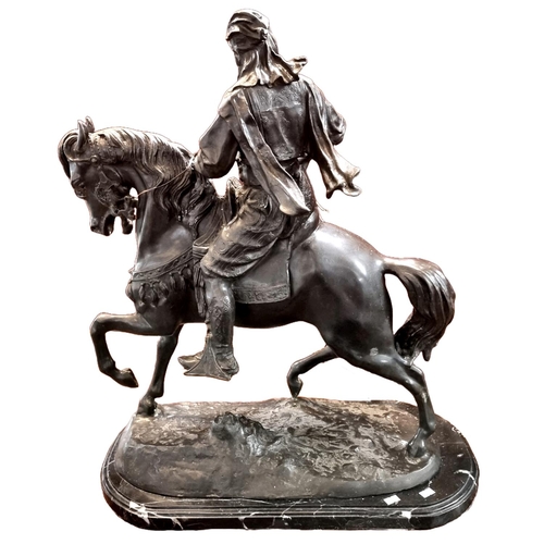 83 - After Alfred Barye (France, 1839-1882), a bronze sculpture of a mounted Arab on his horse and modell... 