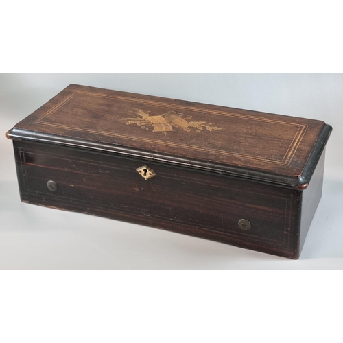 86 - 19th Century Swiss musical box, having ebonised and inlaid case, cylinder movement playing eight air... 