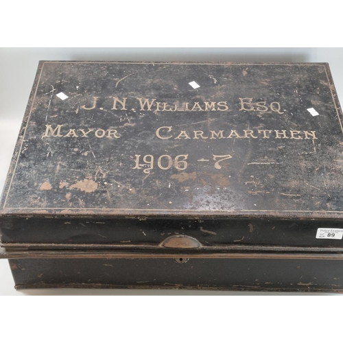 89 - Interesting Japanned metal strongbox marked 'J.N Williams Esquire Mayor Carmarthen 1906-7', containi... 