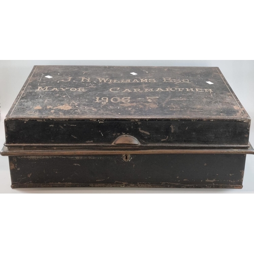 89 - Interesting Japanned metal strongbox marked 'J.N Williams Esquire Mayor Carmarthen 1906-7', containi... 