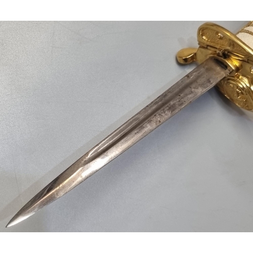 91 - Unusual Royal Navy presentation  mounted sword hilt with shark skin wire bound grip, on an oak stand... 