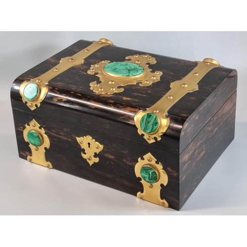 95 - A good quality 19th Century Coromandel gothic design ladies workbox, the case with gilt metal bands ... 