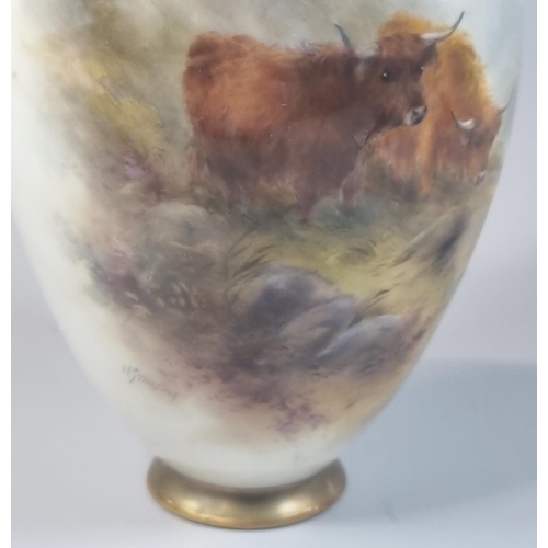 96 - Royal Worcester porcelain vase and cover, hand painted with Highland Cattle in a landscape, by Harry... 