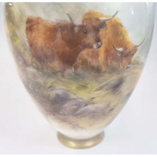 96 - Royal Worcester porcelain vase and cover, hand painted with Highland Cattle in a landscape, by Harry... 