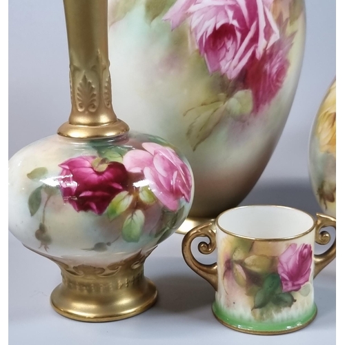 97 - Collection of three Royal Worcester porcelain vases, all hand painted with roses and foliage, one si... 