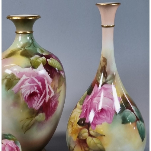 97 - Collection of three Royal Worcester porcelain vases, all hand painted with roses and foliage, one si... 