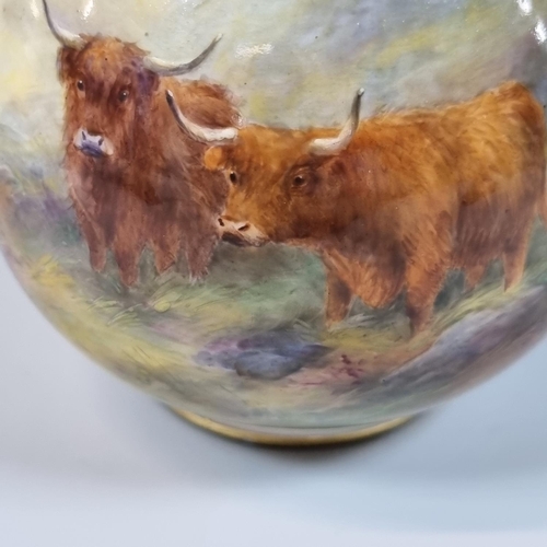 98 - Royal Worcester porcelain bottle vase and cover, hand painted with Highland Cattle in a landscape, b... 