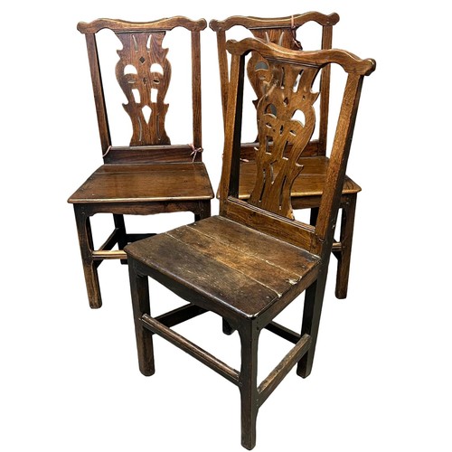49 - Matched set of three 18th Century Welsh oak Chippendale style farmhouse dining chairs with pierced s... 