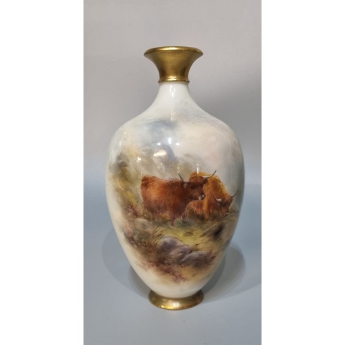 96 - Royal Worcester porcelain vase and cover, hand painted with Highland Cattle in a landscape, by Harry... 