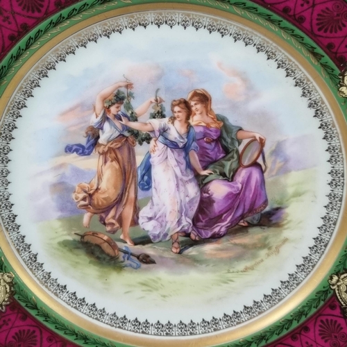 110 - After Angelica Kauffmann, pair of continental cabinet plates, one depicting three maidens with cheru... 