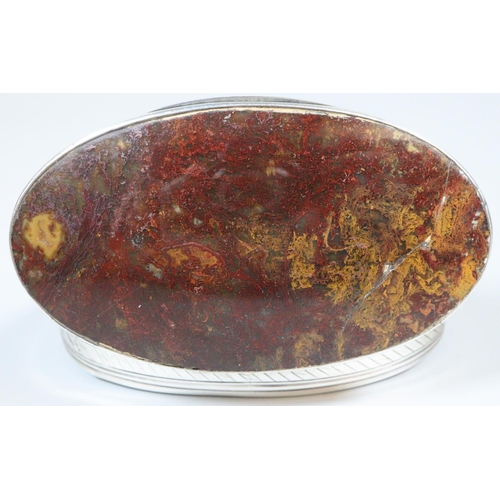 159 - Late 18th/early 19th century moss agate and white metal snuff box, of oval form. 8x4.5cm approx. 
(B... 