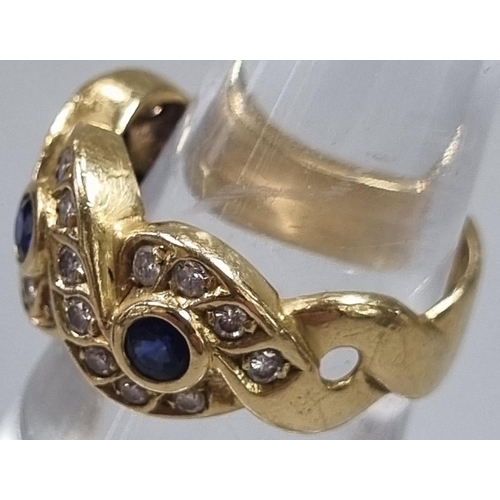 176 - Yellow metal probably 18ct gold diamond and sapphire twist design ring, having twenty four small dia... 