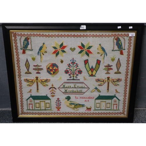 109 - 19th century needlework tapestry sampler, brightly coloured and marked Mary Evans, Myrtle Hill, 'to ... 