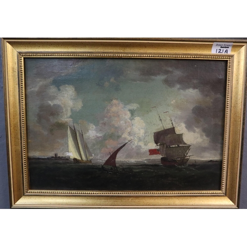 121A - British School (19th century), marine study with sailing vessels on a squally day off a coastline.  ... 