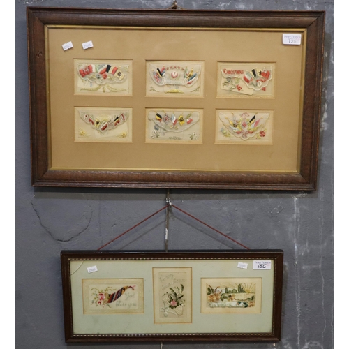 126 - Two framed groups of WWI period silk greetings cards, framed as six + three.  (2)   (B.P. 21% + VAT)