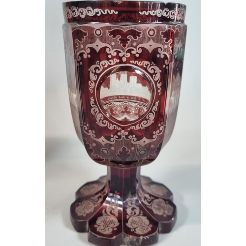 13 - 19th century ruby flash glass goblet depicting The North West View of York Minster together with a r... 