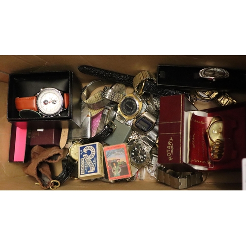 176 - Box of assorted oddments to include: various watches including Rotary, Storm, vintage lighters, broo... 